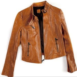 Cognac real leather zip moto jacket